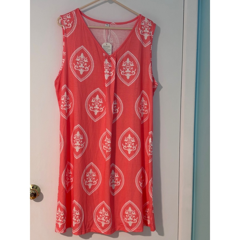 New Coral Pink White Medallion Sleeveless V-Neck A-Line Dress XXL